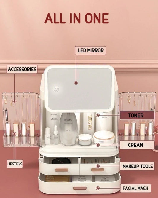 All-In-One Organizer with Led Mirror for Makeup Skincare & Accessories