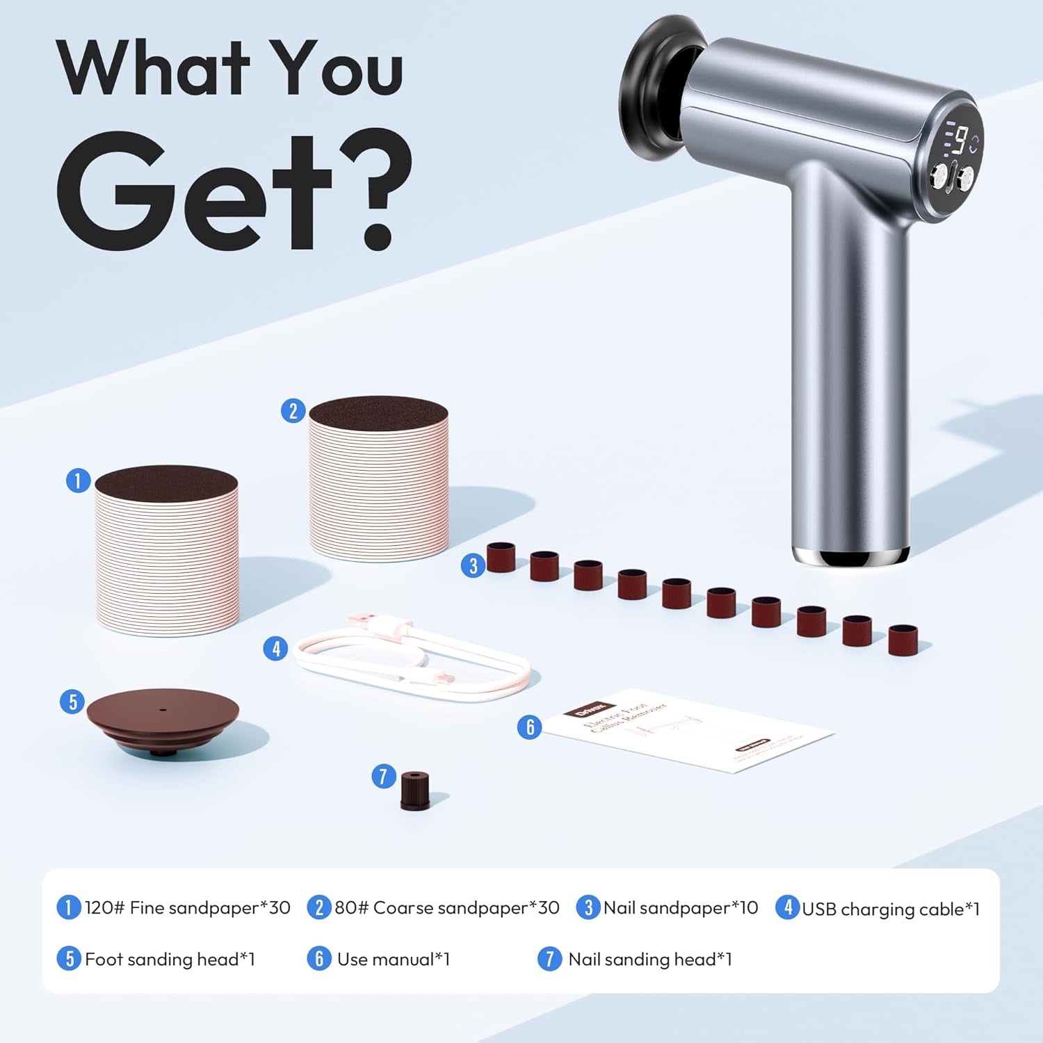 Electric Foot Callus Remover, 2-In-1 Rechargeable Portable Electric Foot File with 70Pcs Sandpaper, Professional Pedicure Tools for Dead Skin, Hard Cracked, Dry Skin - Grey&Blue