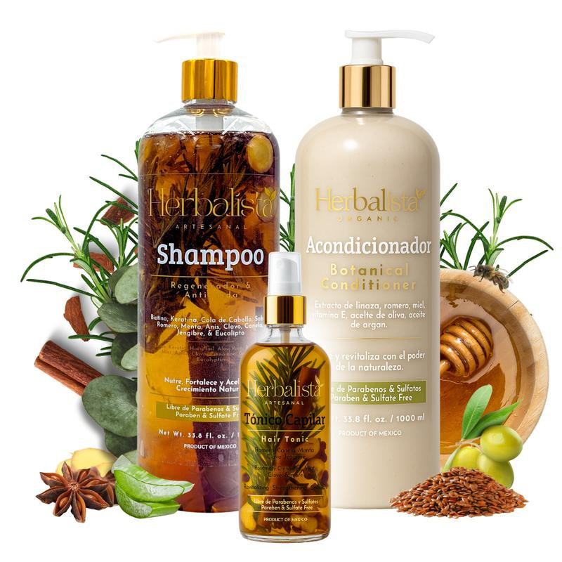 Herbalista Viral 3 Piece Herbal Hair Care Bundle – Shampoo + Conditioner 1000Ml (33.8 Fl Oz) Each + Hair Tonic 250Ml – with Real Botanicals – Paquete De 3 Piezas Shampoo + Acondicionador + Tonico Capilar – 100% Natural & Handcrafted