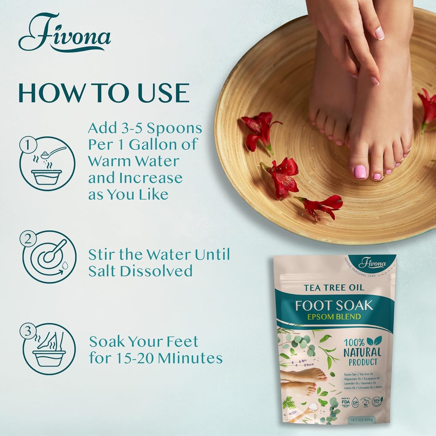 Tea Tree Foot Soak Blend 14.1 Oz - Epsom Salt with Essential Oils for Healthy Toenails, Soothing Relief, Callus Softening - Pedicure Therapy for Soft, Rejuvenated Feet