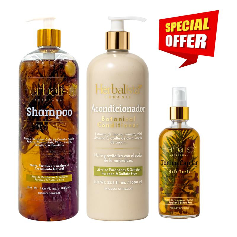 Herbalista Viral 3 Piece Herbal Hair Care Bundle – Shampoo + Conditioner 1000Ml (33.8 Fl Oz) Each + Hair Tonic 250Ml – with Real Botanicals – Paquete De 3 Piezas Shampoo + Acondicionador + Tonico Capilar – 100% Natural & Handcrafted