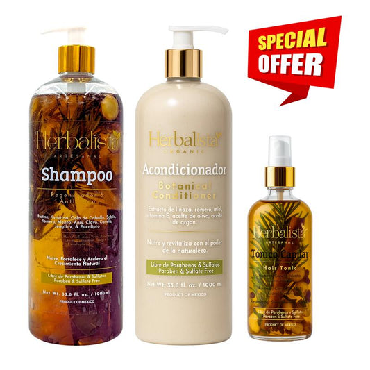 Herbalista Viral 3 Piece Herbal Hair Care Bundle – Shampoo + Conditioner 1000Ml (33.8 Fl Oz) Each + Hair Tonic 250Ml – with Real Botanicals – Paquete De 3 Piezas Shampoo + Acondicionador + Tonico Capilar – 100% Natural & Handcrafted