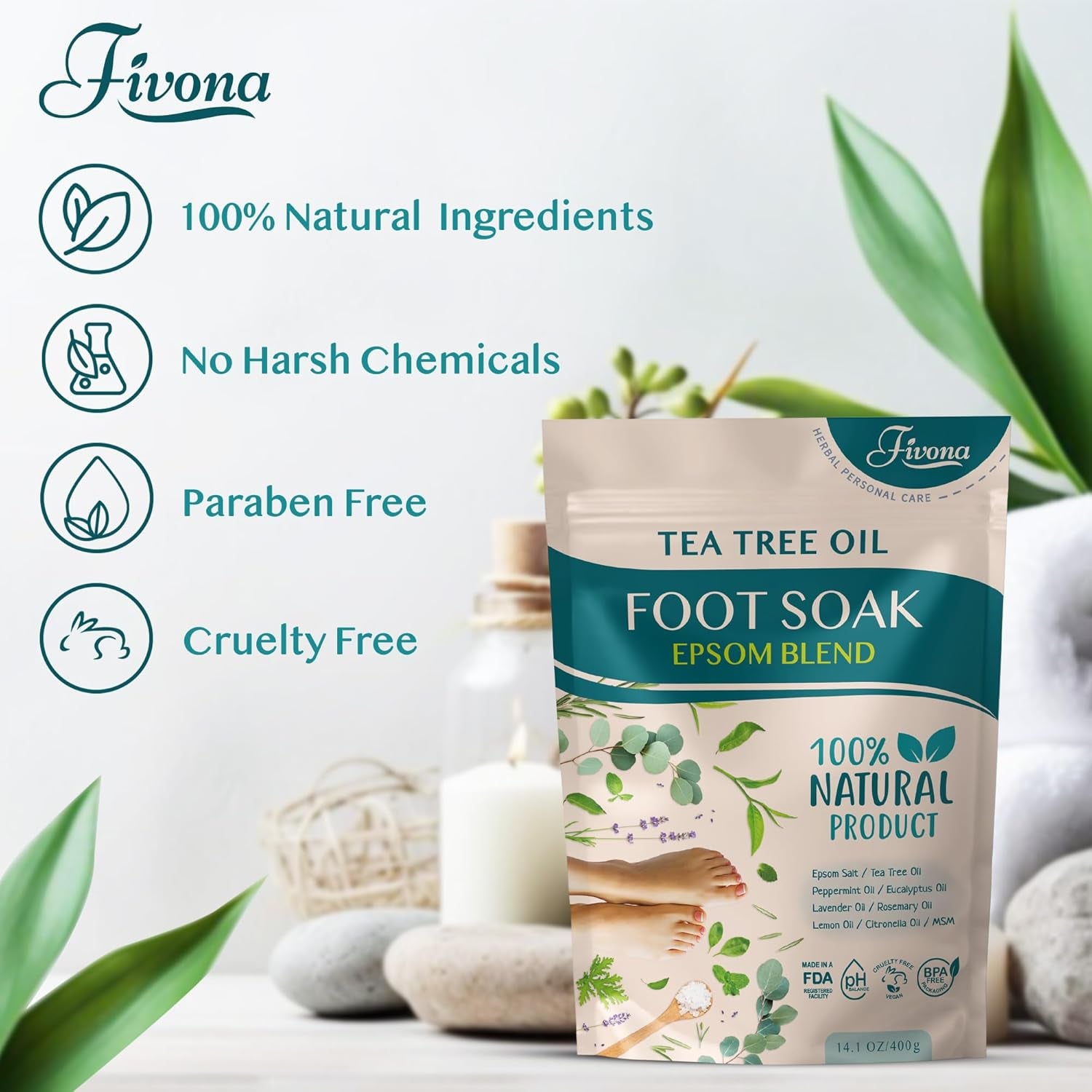 Tea Tree Foot Soak Blend 14.1 Oz - Epsom Salt with Essential Oils for Healthy Toenails, Soothing Relief, Callus Softening - Pedicure Therapy for Soft, Rejuvenated Feet