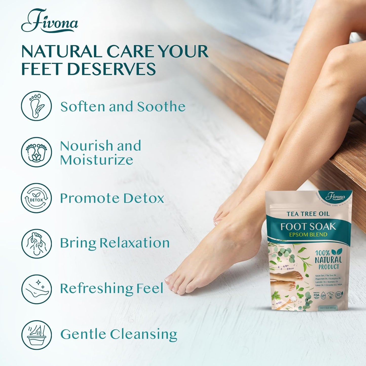 Tea Tree Foot Soak Blend 14.1 Oz - Epsom Salt with Essential Oils for Healthy Toenails, Soothing Relief, Callus Softening - Pedicure Therapy for Soft, Rejuvenated Feet