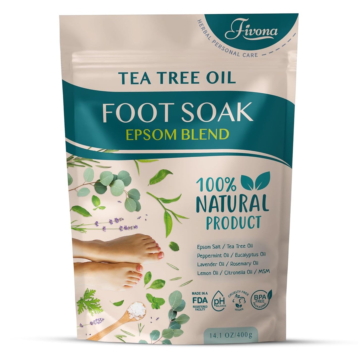 Tea Tree Foot Soak Blend 14.1 Oz - Epsom Salt with Essential Oils for Healthy Toenails, Soothing Relief, Callus Softening - Pedicure Therapy for Soft, Rejuvenated Feet