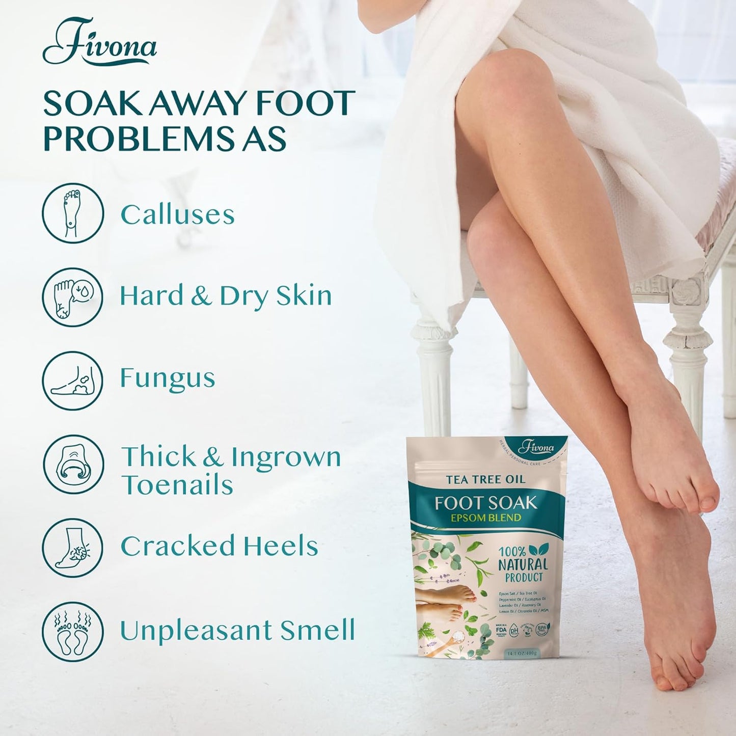 Tea Tree Foot Soak Blend 14.1 Oz - Epsom Salt with Essential Oils for Healthy Toenails, Soothing Relief, Callus Softening - Pedicure Therapy for Soft, Rejuvenated Feet